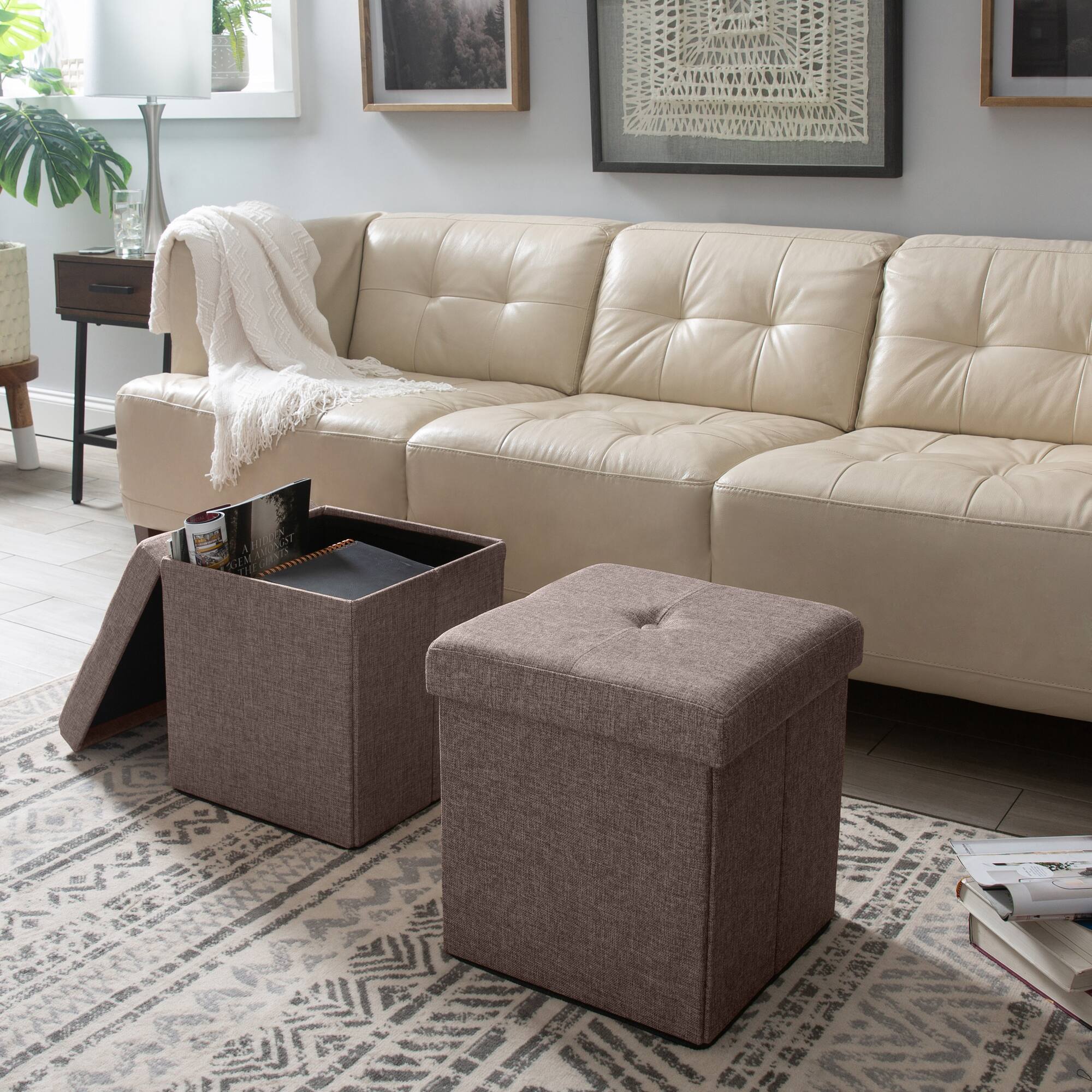Simplify 15" Faux Linen Folding Storage Ottoman Cube